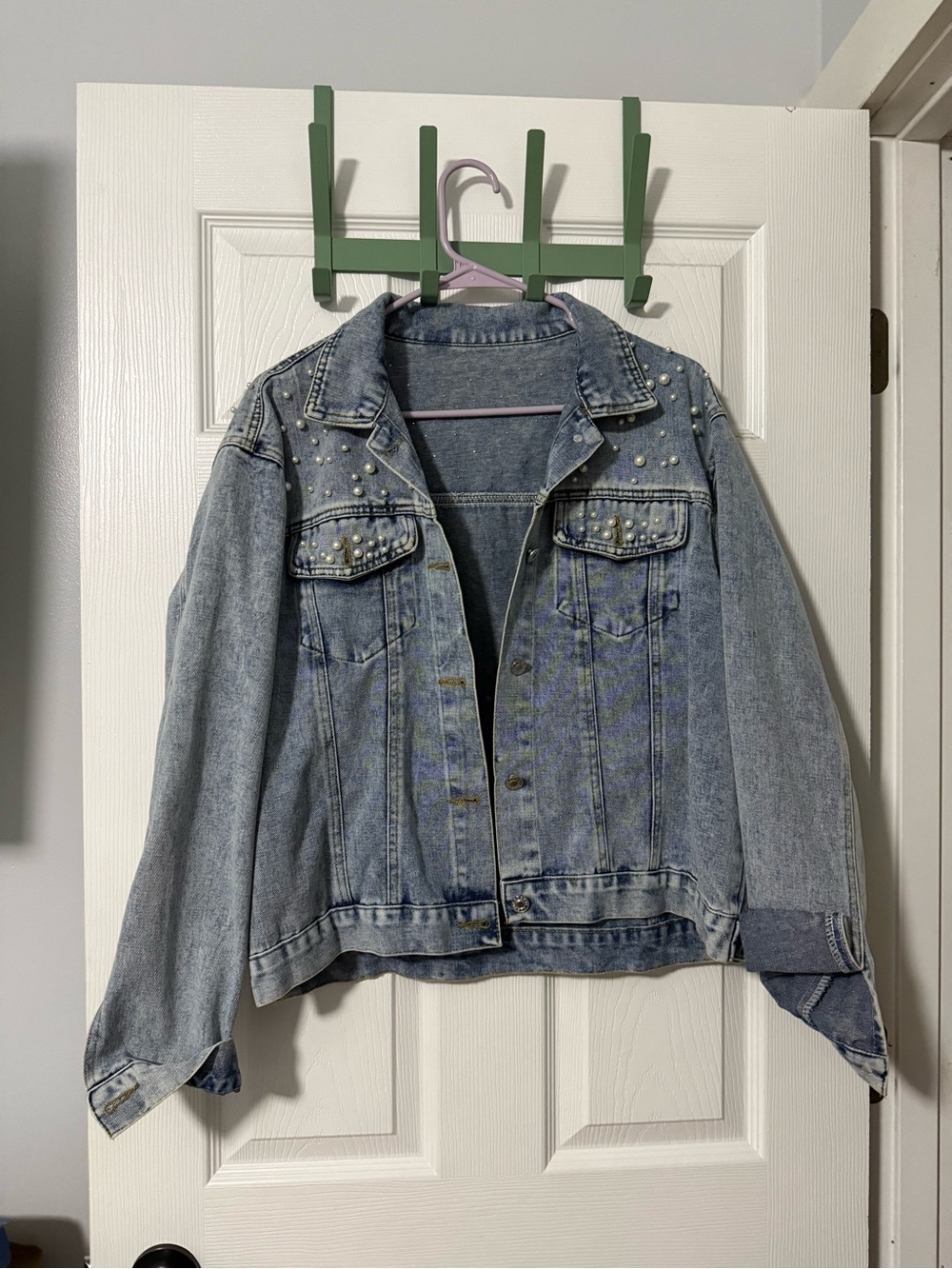 Pearl-Embellished Light Wash Denim Jacket - Women's Jean Jacket